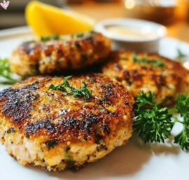 Lemon Herb Chicken Patties served with fresh herbs and lemon slices