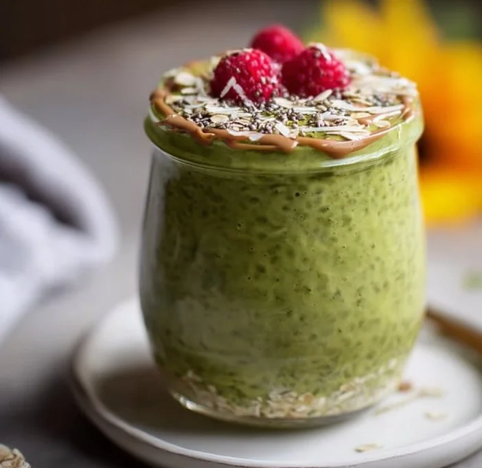Bowl of Matcha Overnight Oats topped with fruits and nuts, a healthy breakfast option