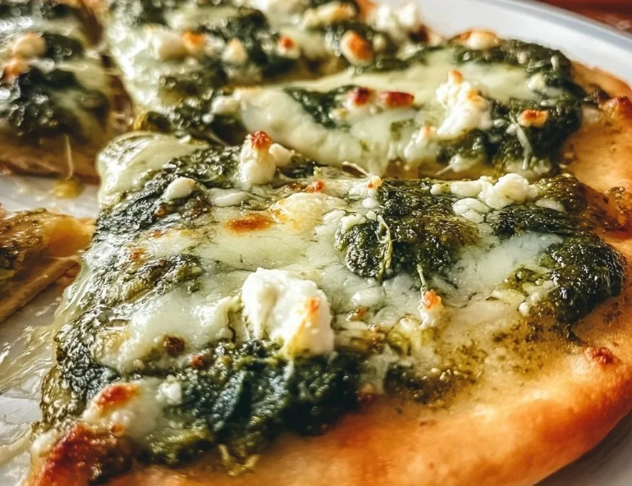 Delicious Pesto Spinach Flatbread Pizza topped with fresh spinach and pesto sauce