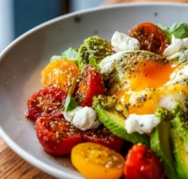 Vibrant pesto tomato, egg, and avocado breakfast salad on a plate.