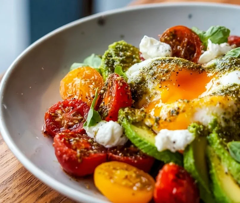 Vibrant pesto tomato, egg, and avocado breakfast salad on a plate.