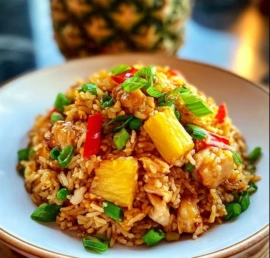 A delicious plate of Pineapple Chicken Fried Rice garnished with fresh herbs.