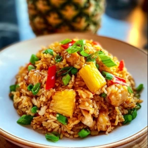 A delicious plate of Pineapple Chicken Fried Rice garnished with fresh herbs.