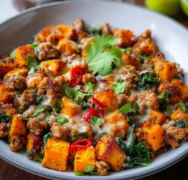 Savory ground turkey and sweet potato skillet dish served in a frying pan