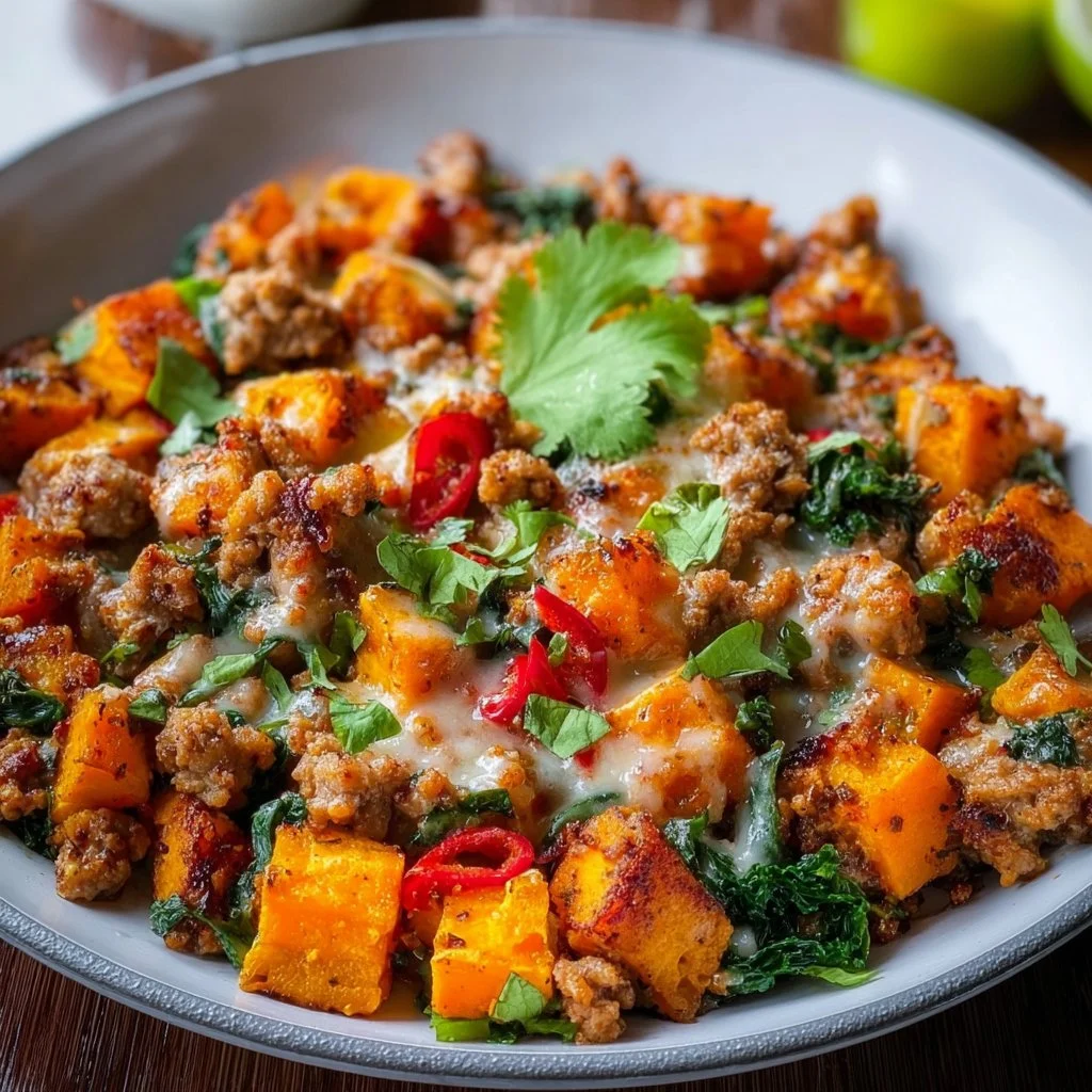 Savory ground turkey and sweet potato skillet dish served in a frying pan