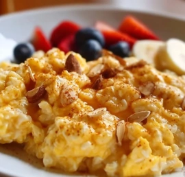 Bowl of creamy scrambled oats topped with fruits and nuts for a healthy breakfast