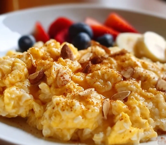 Bowl of creamy scrambled oats topped with fruits and nuts for a healthy breakfast