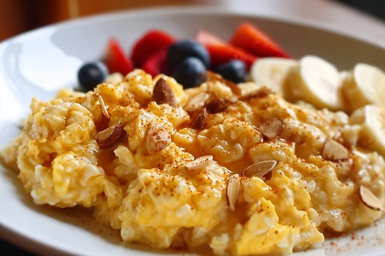 Bowl of creamy scrambled oats topped with fruits and nuts for a healthy breakfast