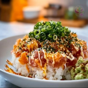 Delicious spicy tuna rice bowl topped with fresh ingredients and vibrant colors