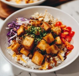 Delicious tofu rice bowl topped with vegetables and sauces.