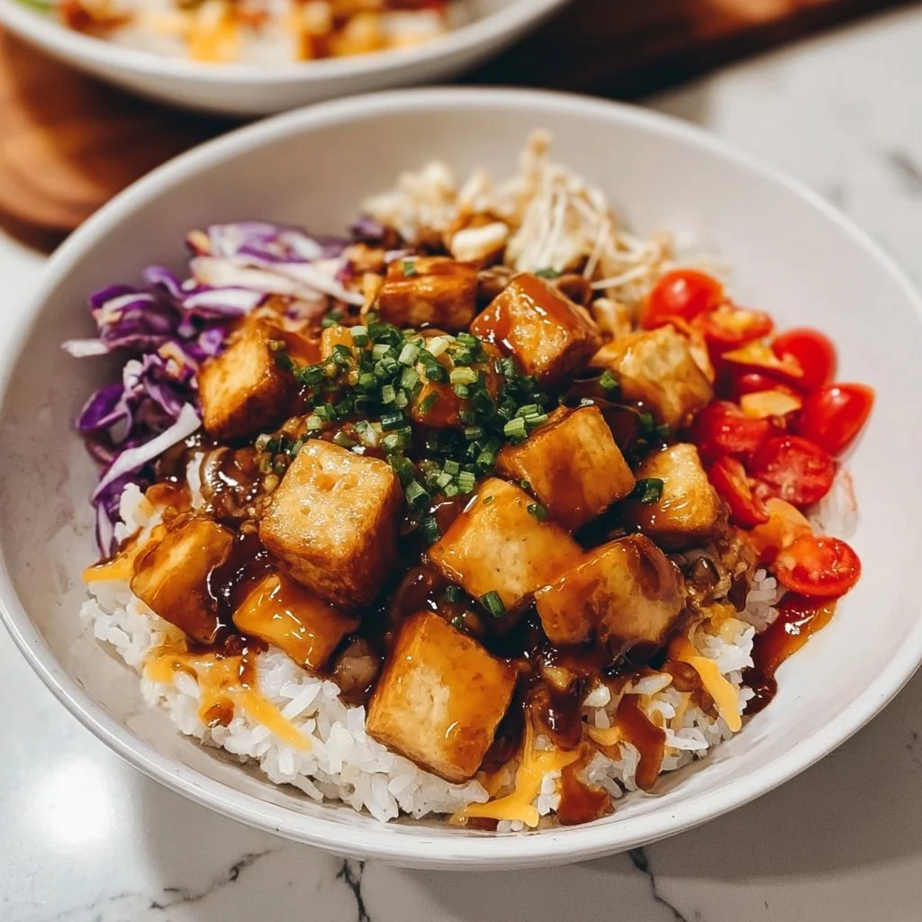 Delicious tofu rice bowl topped with vegetables and sauces.