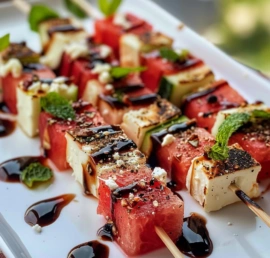 Delicious watermelon feta skewers served on a platter