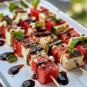 Watermelon Feta Skewers: Easy Summer Appetizer with Mint & Balsamic 3 Delicious watermelon feta skewers served on a platter