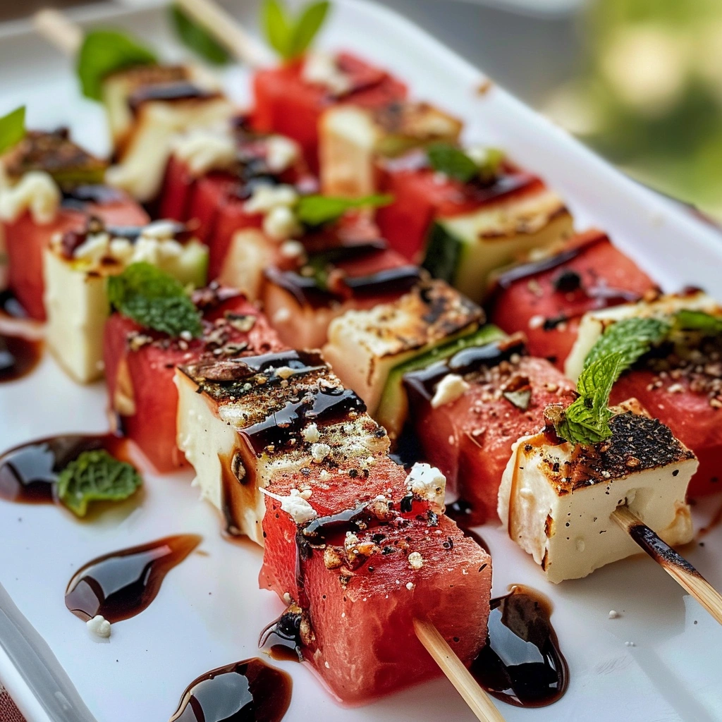 Delicious watermelon feta skewers served on a platter