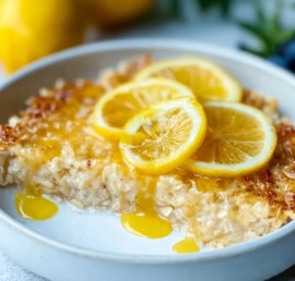 Delicious zesty lemon baked oats served in a bowl for a refreshing breakfast.