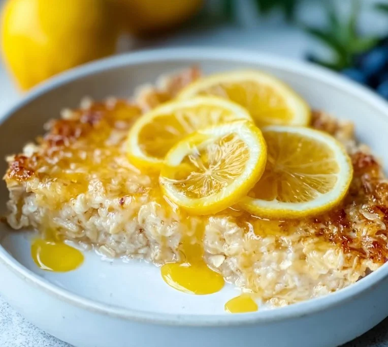 Delicious zesty lemon baked oats served in a bowl for a refreshing breakfast.