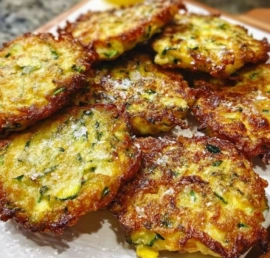 Zucchini and pecorino fritters served on a plate with fresh herbs