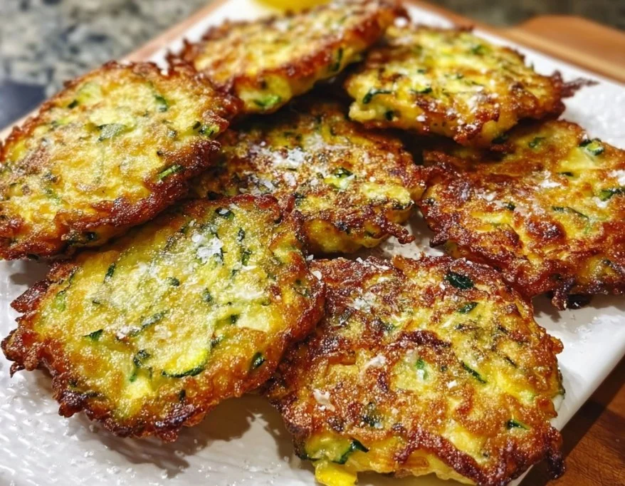 Zucchini and pecorino fritters served on a plate with fresh herbs