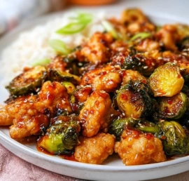 Air Fryer Sweet Chili Chicken served with Brussels Sprouts for a healthy dinner