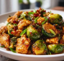 Plate of Air Fryer Sweet Chili Chicken served with Brussels Sprouts