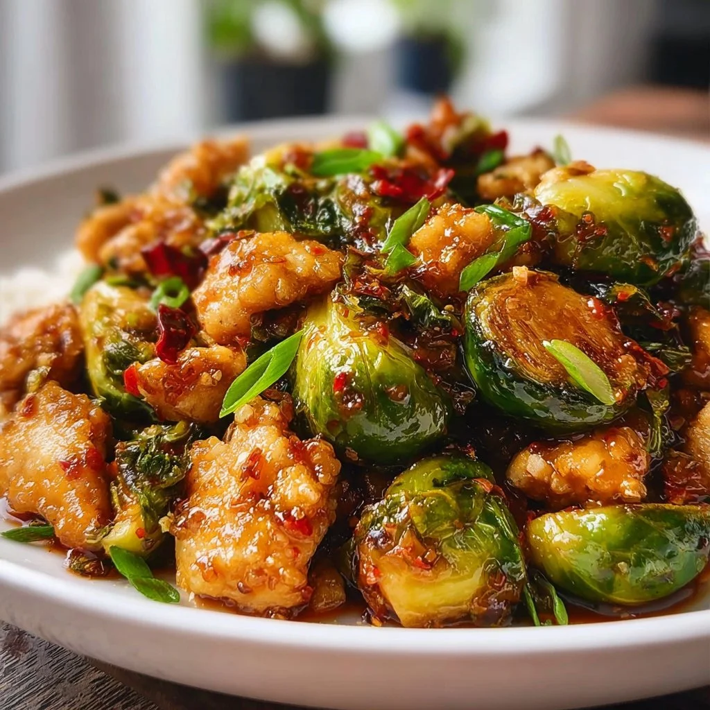 Plate of Air Fryer Sweet Chili Chicken served with Brussels Sprouts