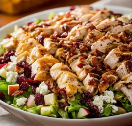 Colorful autumn chopped chicken salad with nuts, apples, and greens
