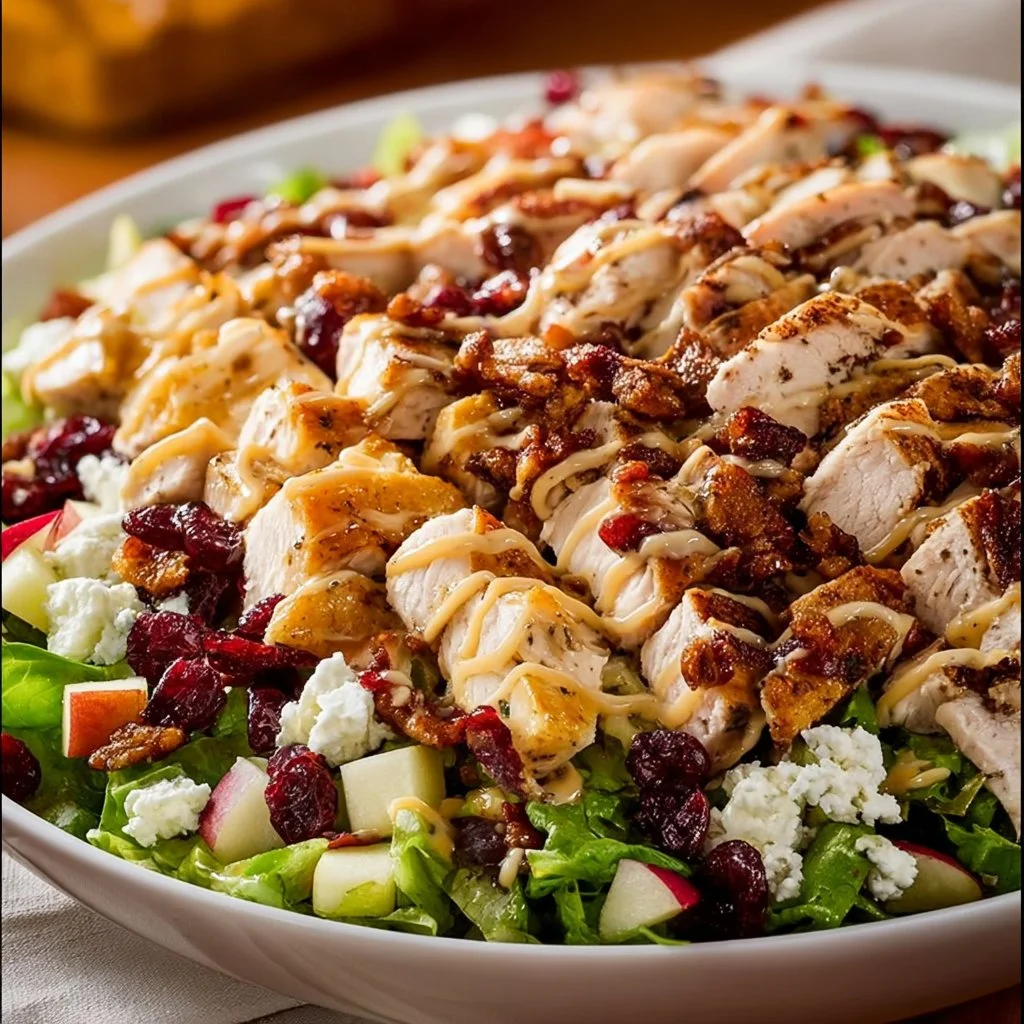 Colorful autumn chopped chicken salad with nuts, apples, and greens