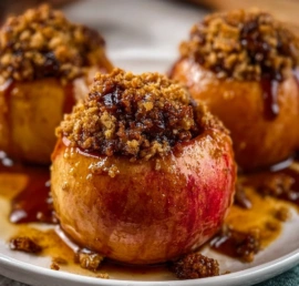Baked apples filled with oatmeal cookie mixture served warm