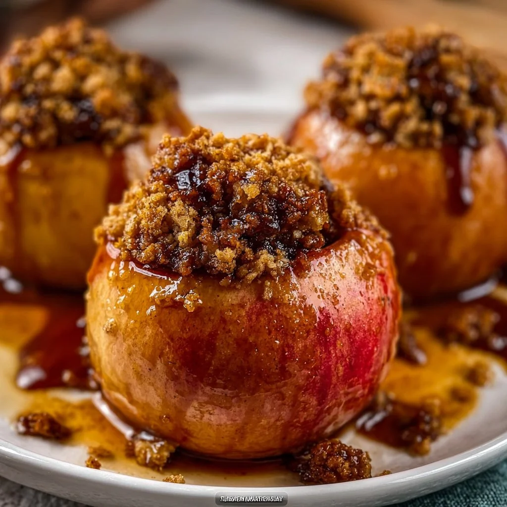Baked apples filled with oatmeal cookie mixture served warm