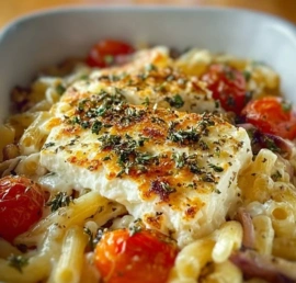 Baked goat cheese pasta with fresh herbs and tomatoes in a creamy sauce