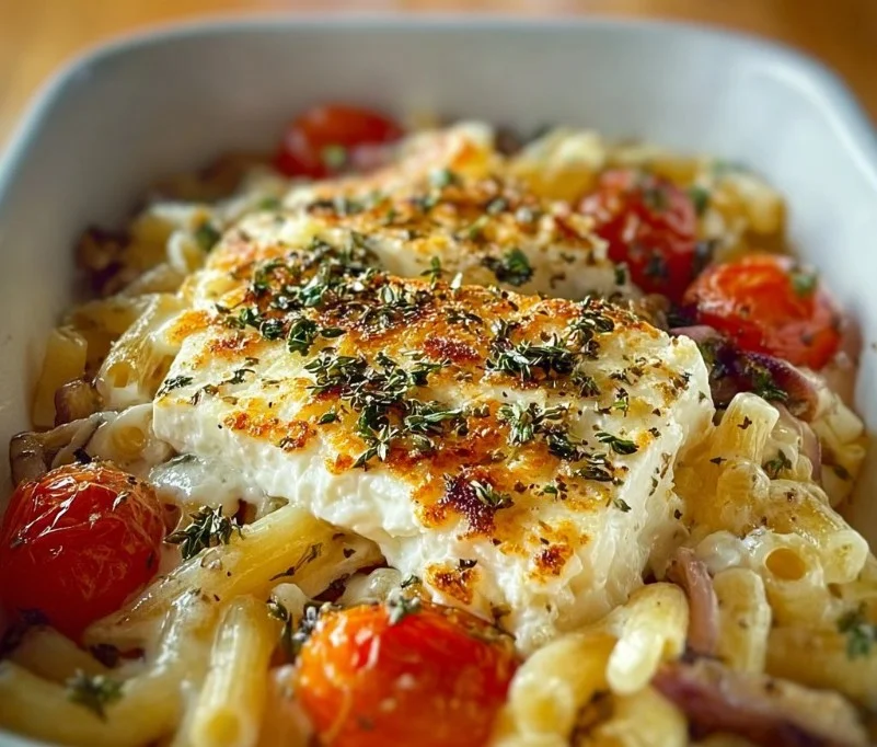 Baked goat cheese pasta with fresh herbs and tomatoes in a creamy sauce
