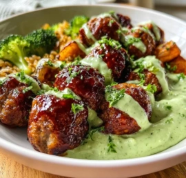 Delicious barbecue meatball bowls with avocado goddess sauce on top