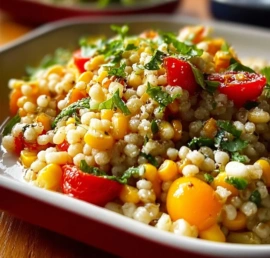 Freshly made barley corn salad with colorful vegetables and herbs