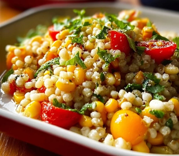 Freshly made barley corn salad with colorful vegetables and herbs