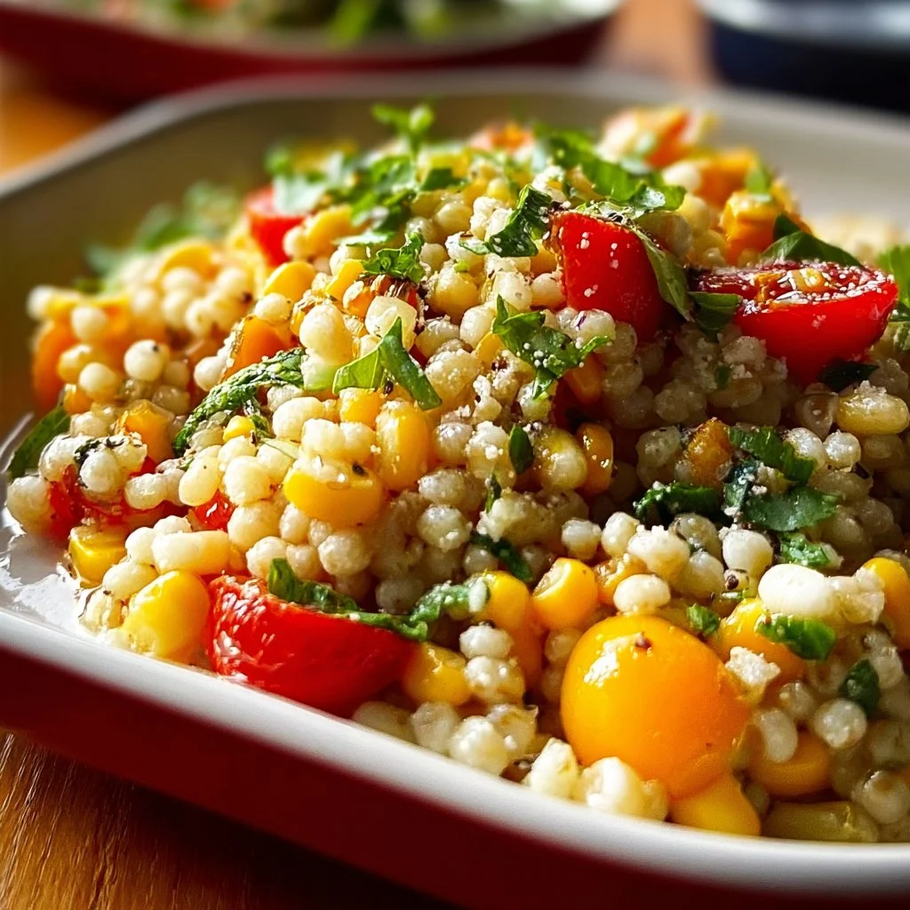 Freshly made barley corn salad with colorful vegetables and herbs
