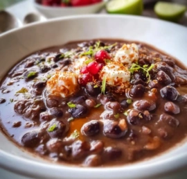 Bowl of nutritious and flavorful black bean soup garnished with herbs