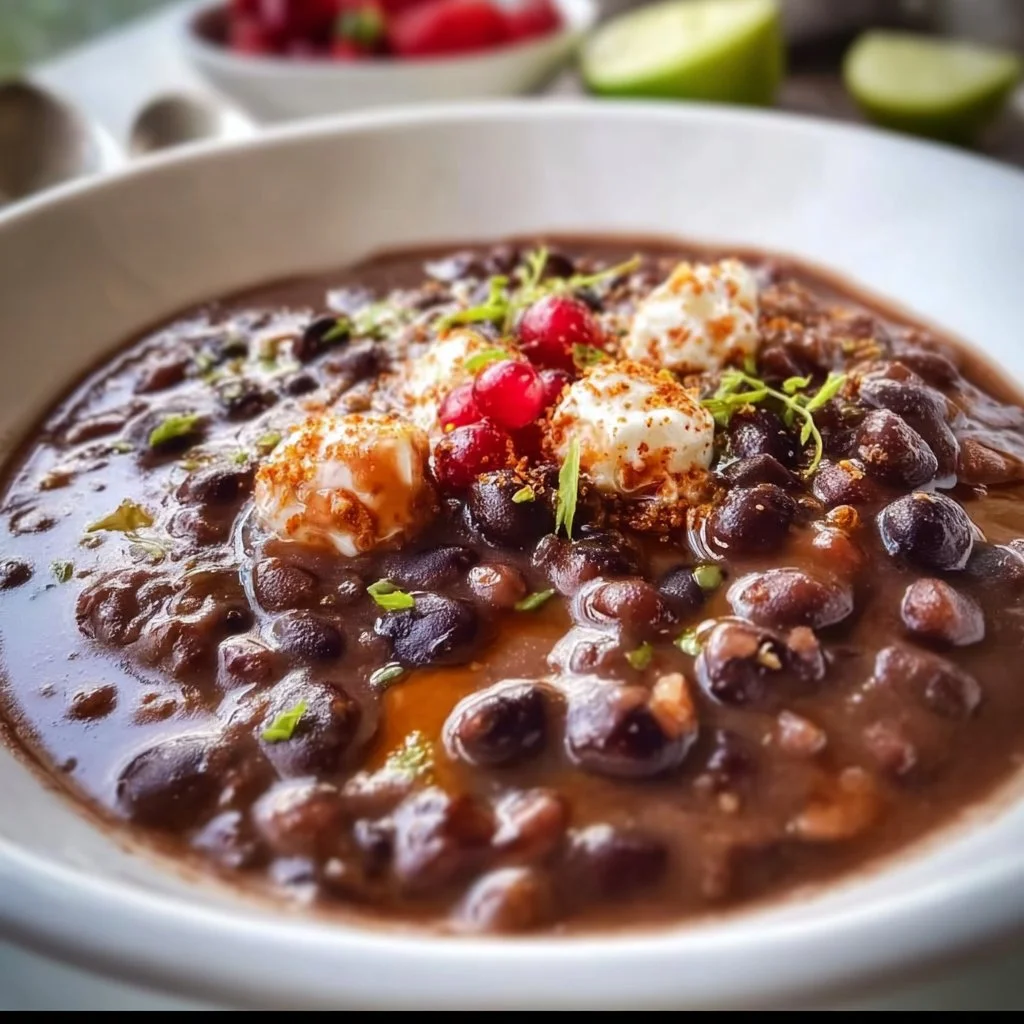 Bowl of nutritious and flavorful black bean soup garnished with herbs