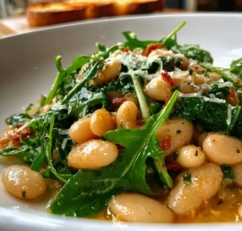 Braised white beans with garlic and arugula in a bowl, garnished with herbs