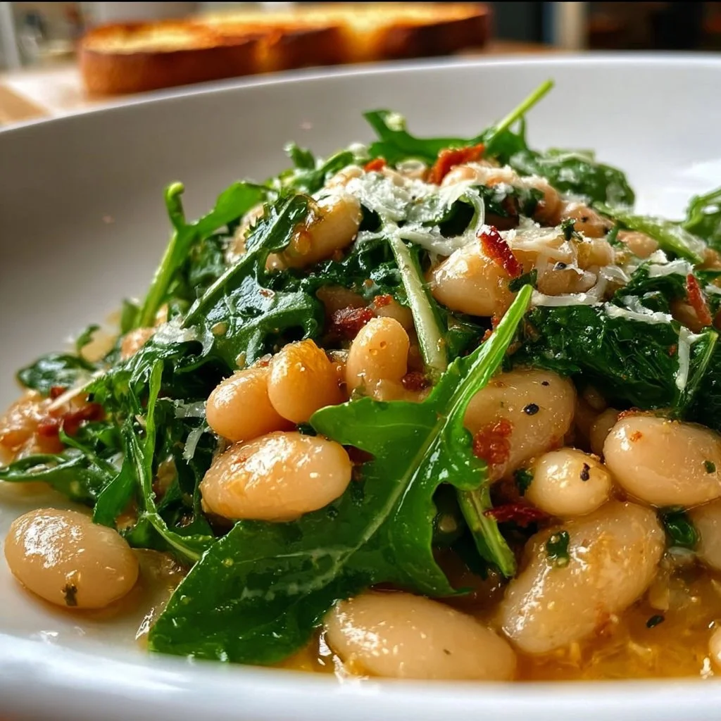 Braised white beans with garlic and arugula in a bowl, garnished with herbs