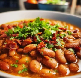 A bowl of traditional charro beans garnished with cilantro and lime.