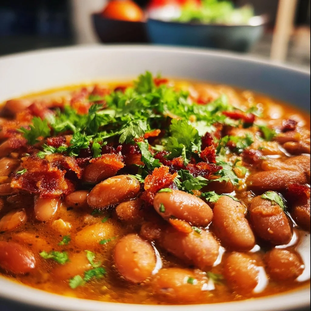 A bowl of traditional charro beans garnished with cilantro and lime.