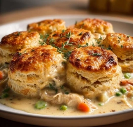 Delicious chicken pot pie with biscuits, baked to golden perfection