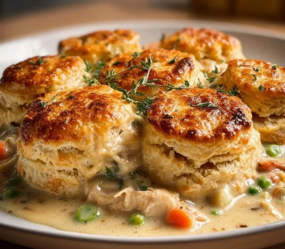 Delicious chicken pot pie with biscuits, baked to golden perfection