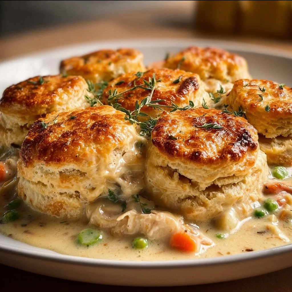 Delicious chicken pot pie with biscuits, baked to golden perfection
