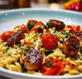 Plate of chicken sausage orzo with burst tomatoes garnished with fresh herbs