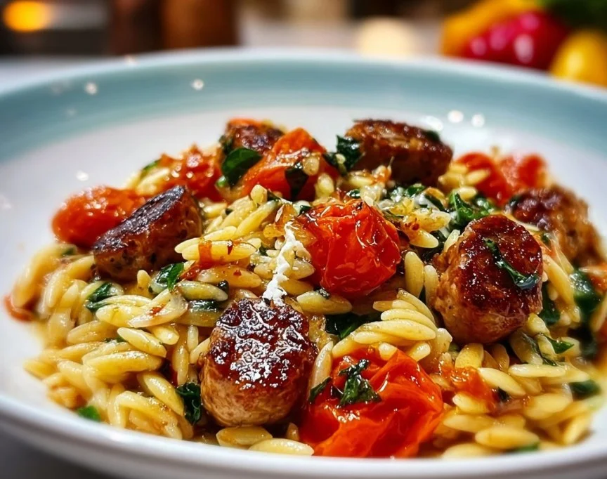 Plate of chicken sausage orzo with burst tomatoes garnished with fresh herbs