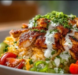 Chicken Shawarma Crispy Rice Salad with fresh vegetables and spices