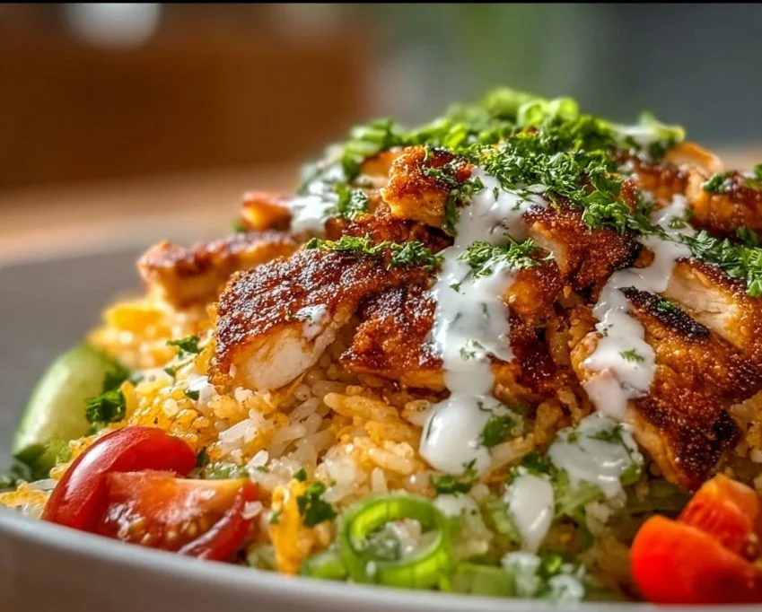 Chicken Shawarma Crispy Rice Salad with fresh vegetables and spices
