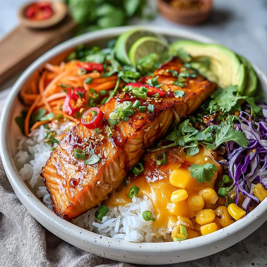 Chili Lime Salmon Bowls with fresh ingredients and vibrant colors.