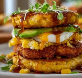 Delicious corn fritter breakfast sandwich with fresh ingredients